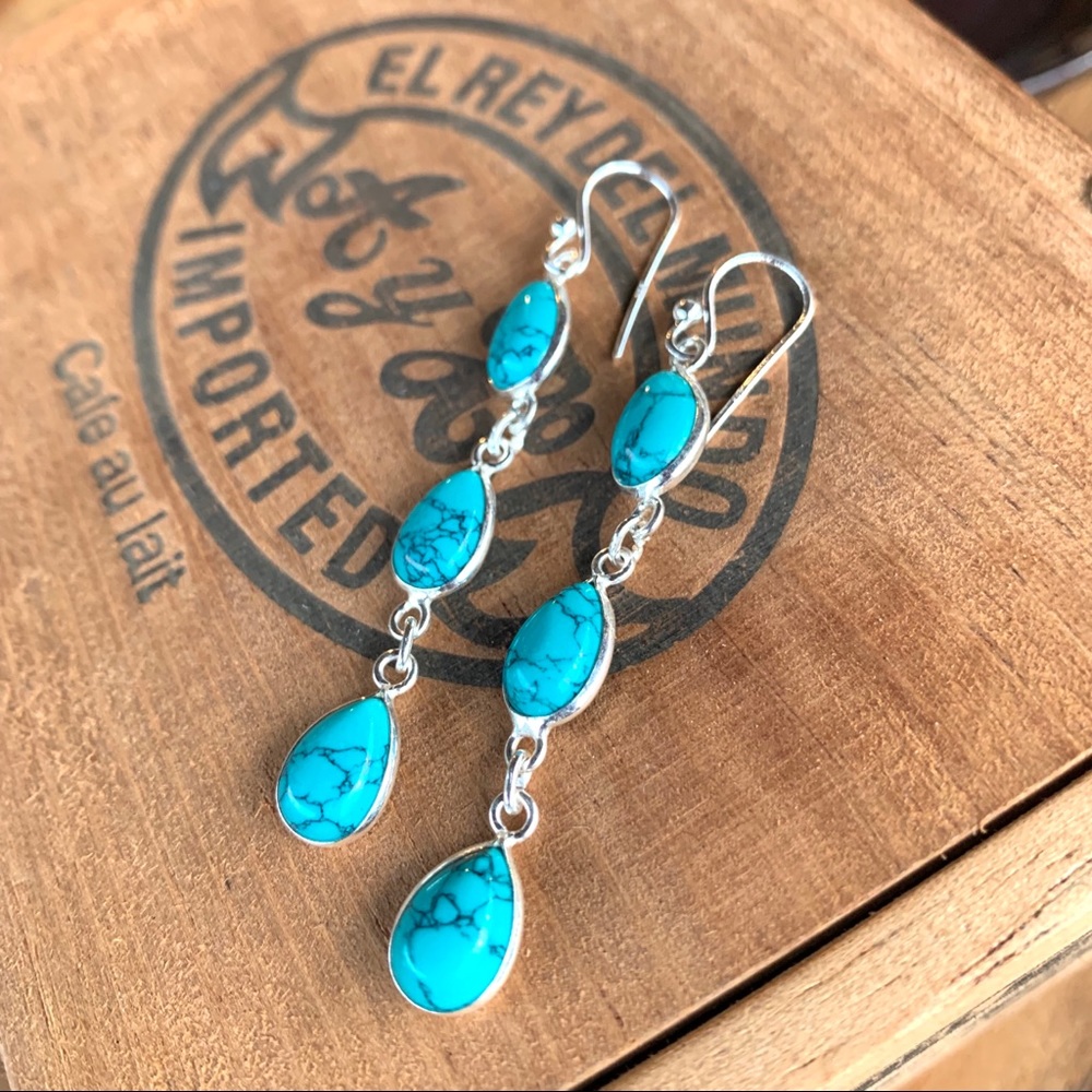✨TURQUOISE + STERLING 3-STONE DROP EARRINGS - Picture 4 of 8